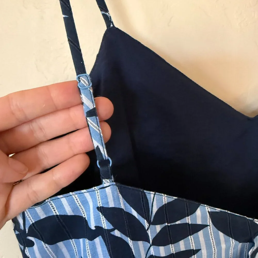 Banana Republic Blue Leaf Print Cotton Midi Dress Strappy Summer Sundress Size 1